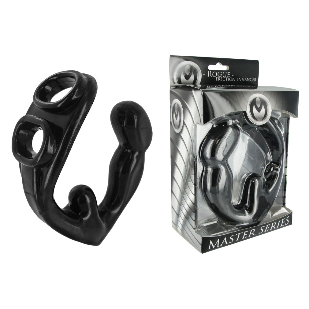 Ein schwarzes Master Series Rogue Erection Enhancer Sexspielzeug neben seiner Produktverpackung.
