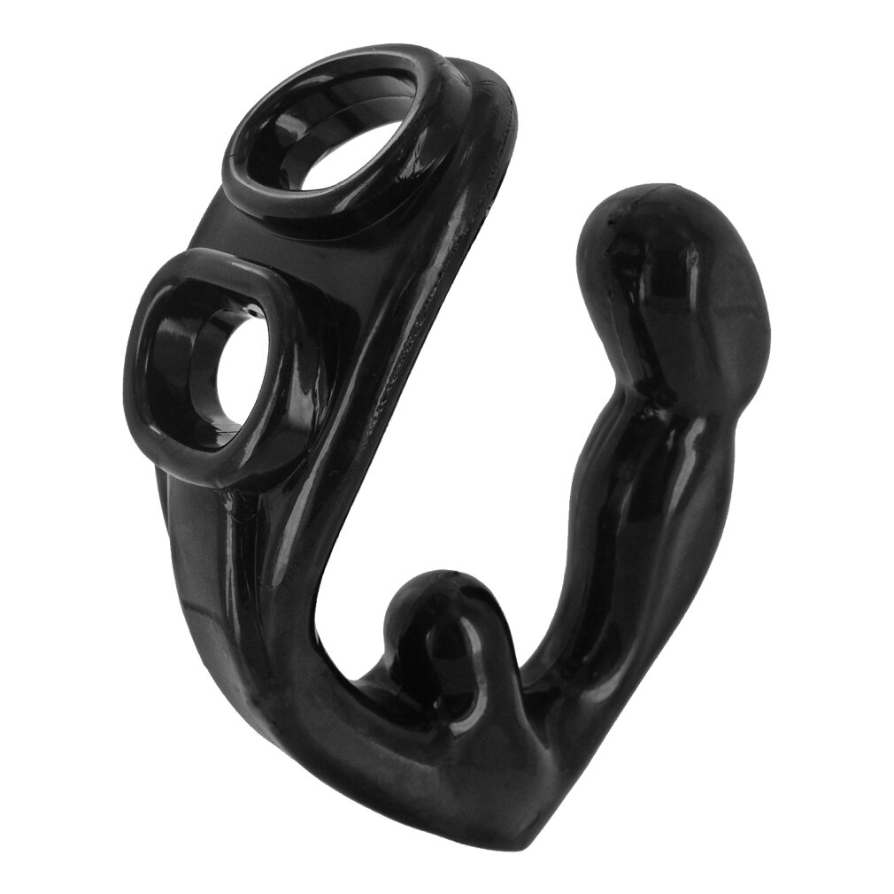 Ein schwarzes C-förmiges Sexspielzeug aus Silikon mit zwei Ringen auf einer Seite und einem abgerundeten Ende.
