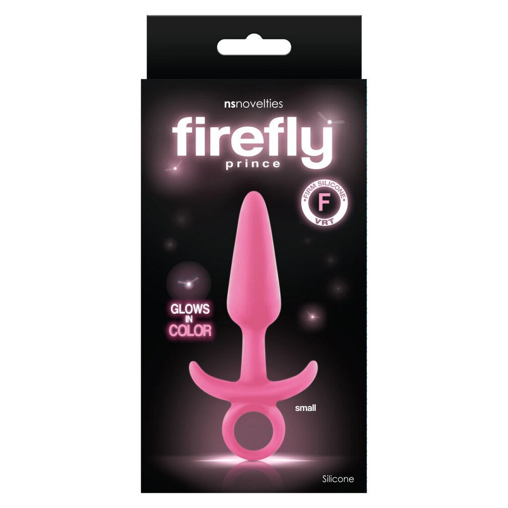 Eine schwarze Verpackungsbox für einen pinken Firefly Prince Silikon-Analtopfen mit Leuchteffekt.
