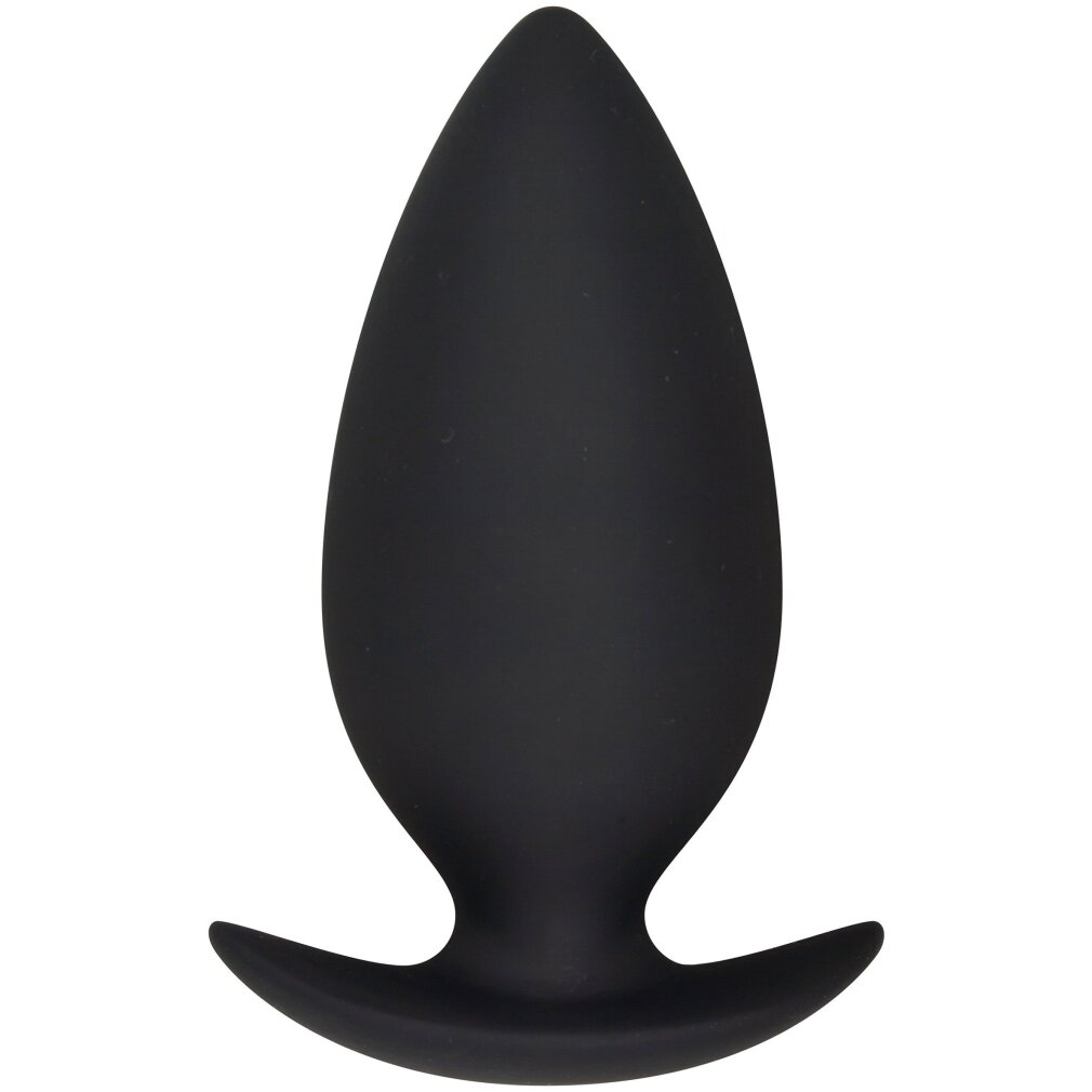 Ein glattes, mattschwarzes Plugs-Spielzeug mit einer konischen Spitze und einer gebogenen Basis vor weißem Hintergrund.