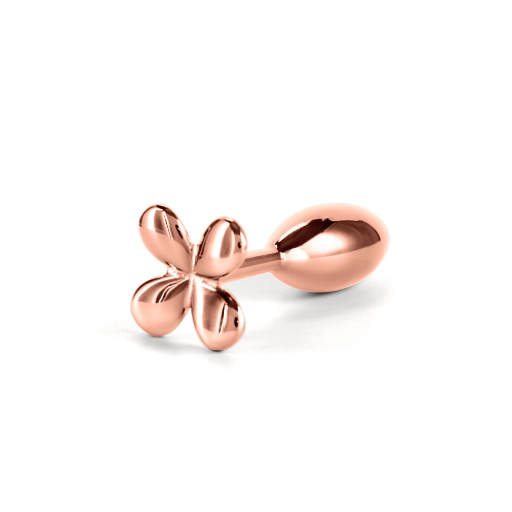 Ein glänzender roségoldener Analdildo mit blumenförmigem Fuß auf weißem Grund.