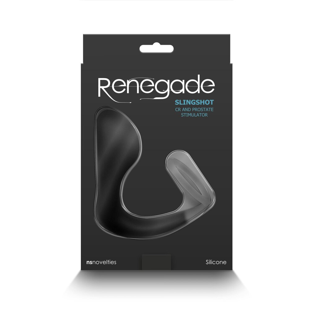 Eine schwarze Verpackung für den Renegade Slingshot Prostatastimulator mit Text und Logos.