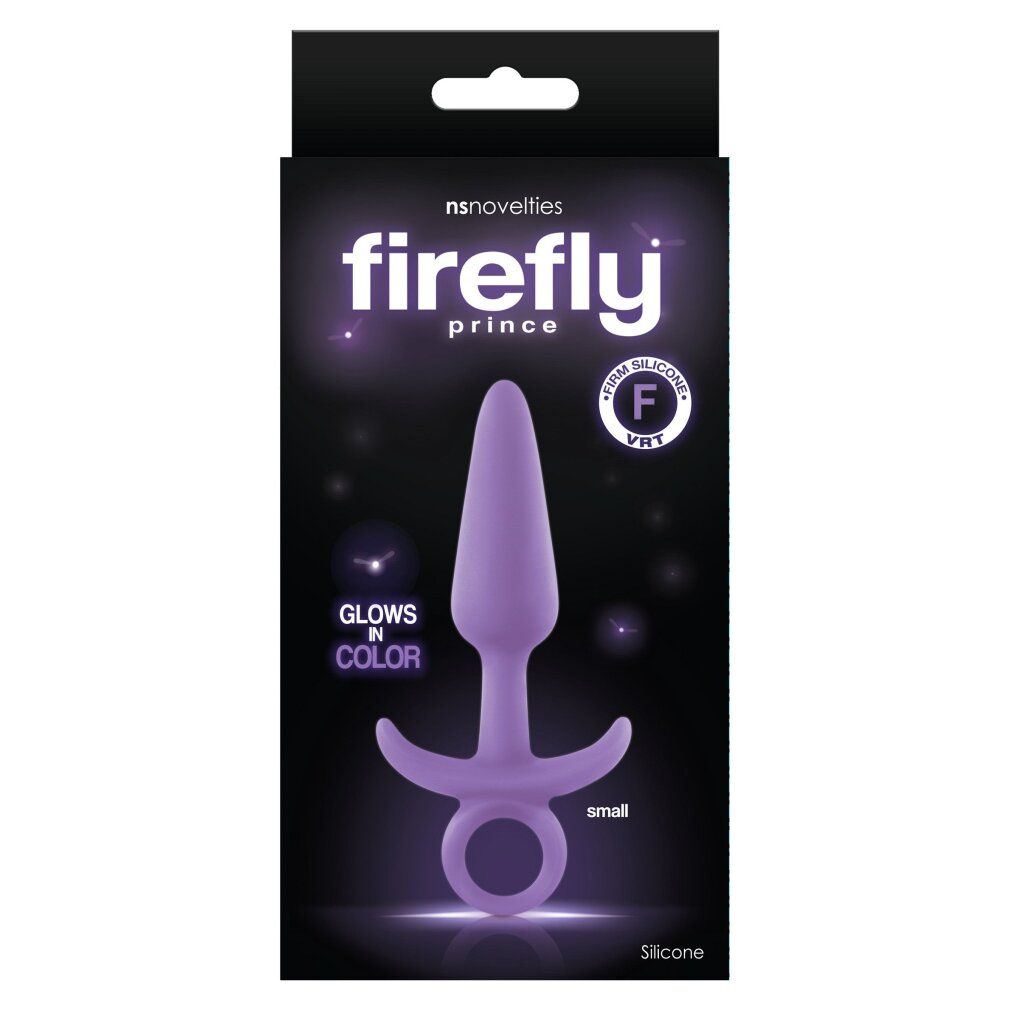 Lila Silikon-Analplug in schwarzer Produktverpackung mit der Aufschrift Firefly Prince.