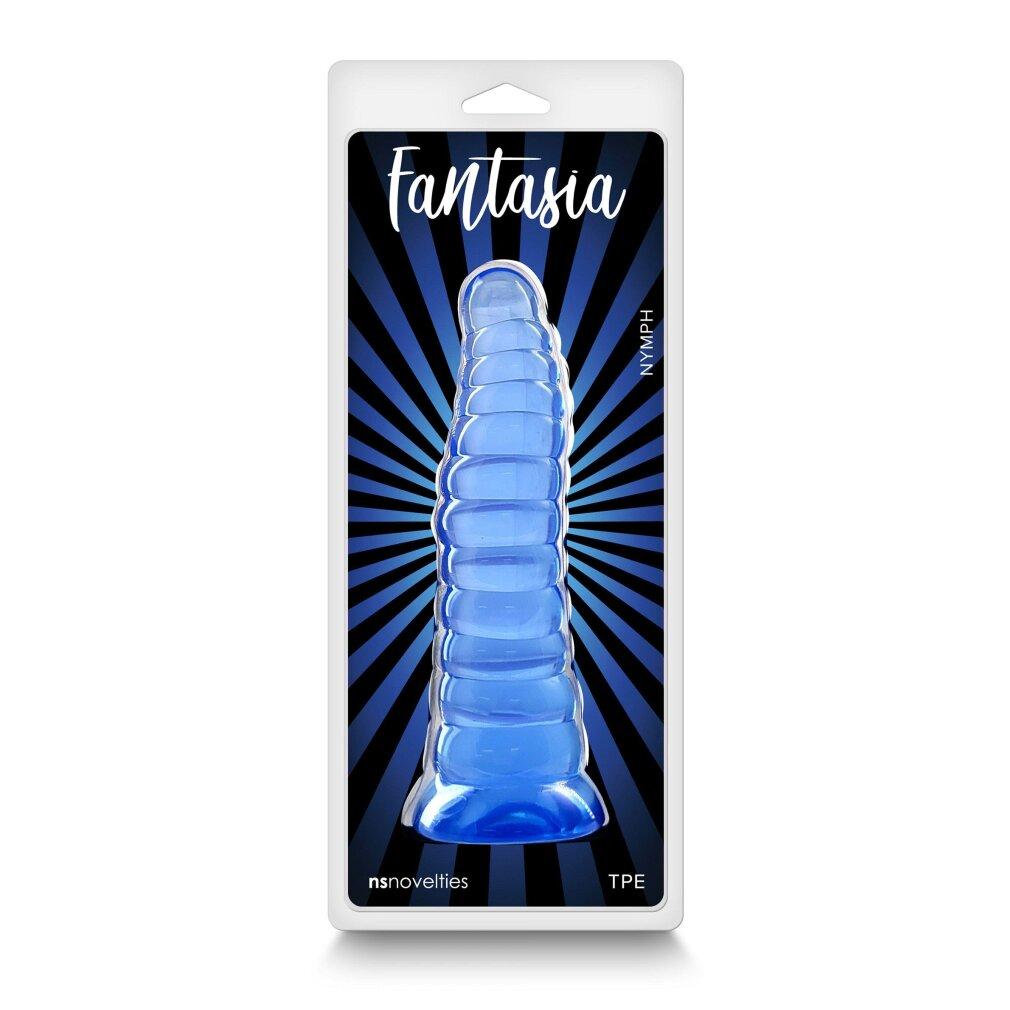 Blaue, gerippte Nymph-Silikon-Sexspielzeug in der Originalverpackung.