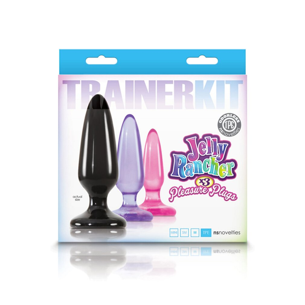 Eine Trainer-Kit-Box zeigt drei Analstöpsel in Schwarz, Lila und Pink mit der Aufschrift Jelly Rancher.