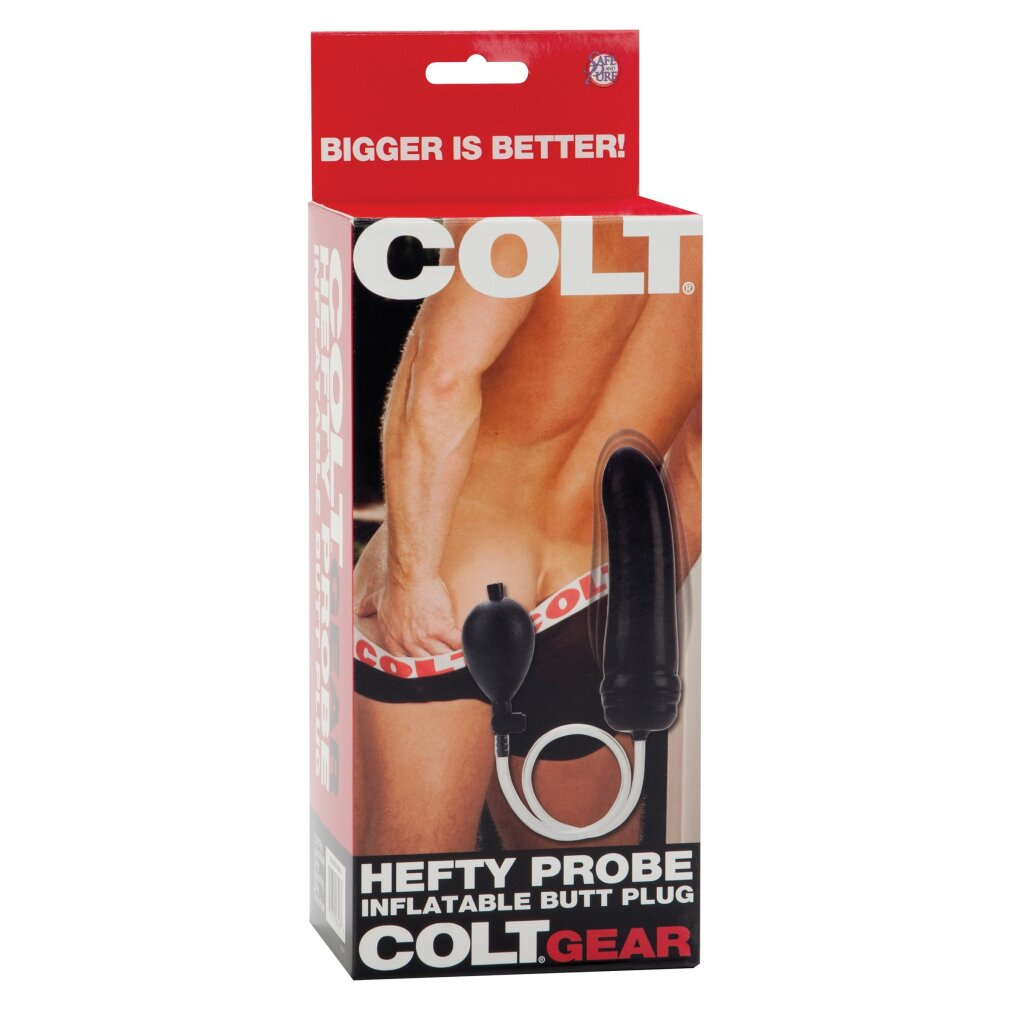Produktverpackung für Colt Hefty Probe, eine aufblasbare Anal-Sonde mit Pumpe und schwarzem Plug.