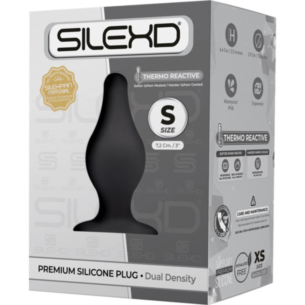 Silexd Silikon-Plug S-Größe Box in Grau und Weiß mit Produktmerkmalen.