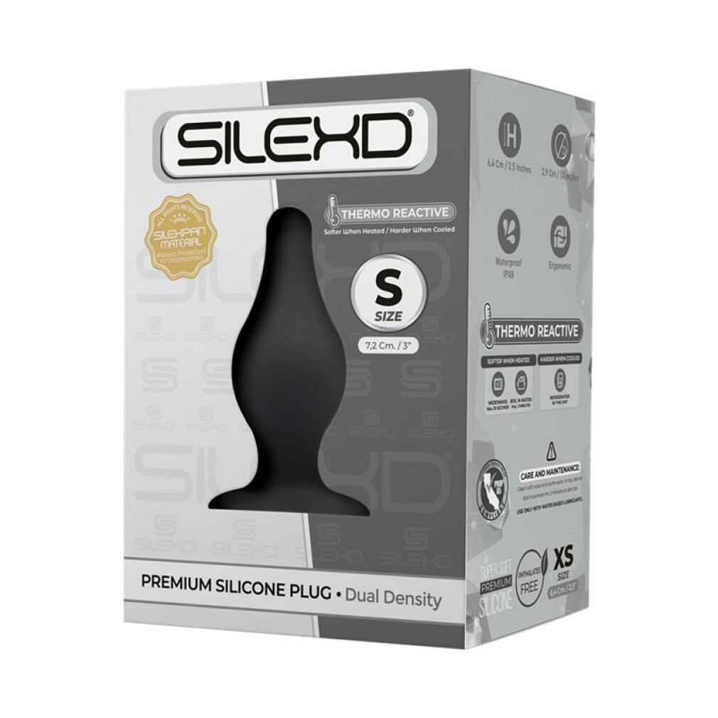 Verpackung eines schwarzen, glockenförmigen Silikon-Plugs mit dem Markennamen SILEXD und Angaben zu Größe S.