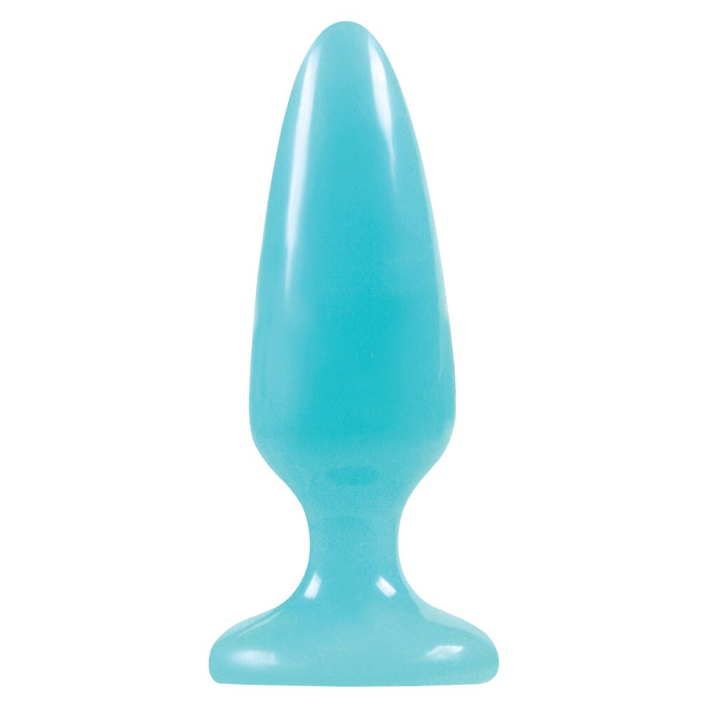 Ein glatter, glänzender, hellblauer Analplug aus Glas mit geweiteter Basis vor weißem Hintergrund.