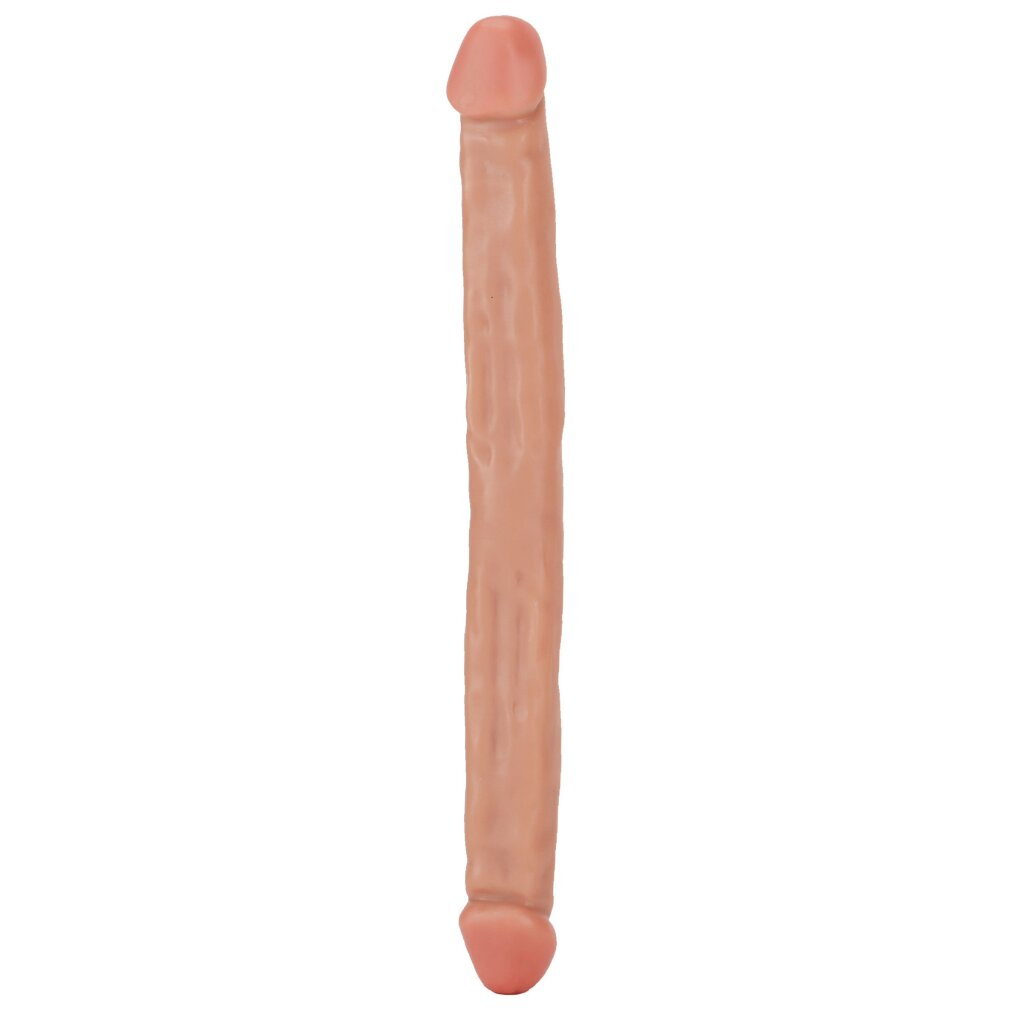 Ein hautfarbener, länglicher Sexspielzeug-Dildo mit einer leicht strukturierten Oberfläche auf weißem Hintergrund.