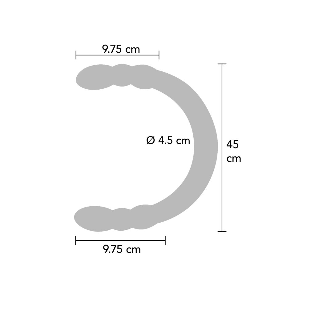 Diagramm zeigt die Abmessungen eines gebogenen Objekts mit 9.75 cm, 45 cm Länge und 4.5 cm Durchmesser.