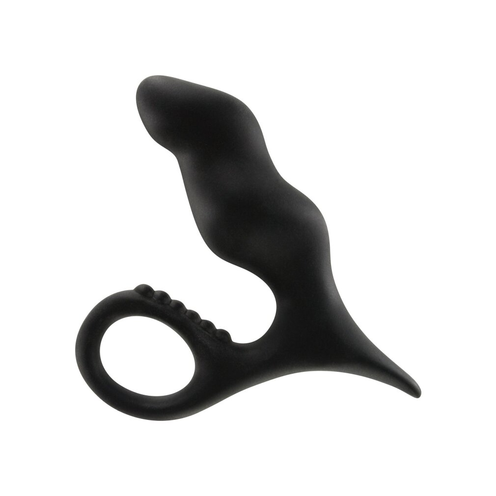 Ein mattes, schwarzes Silikon-Sexspielzeug mit Ring und geschwungenem Design vor weißem Hintergrund.
