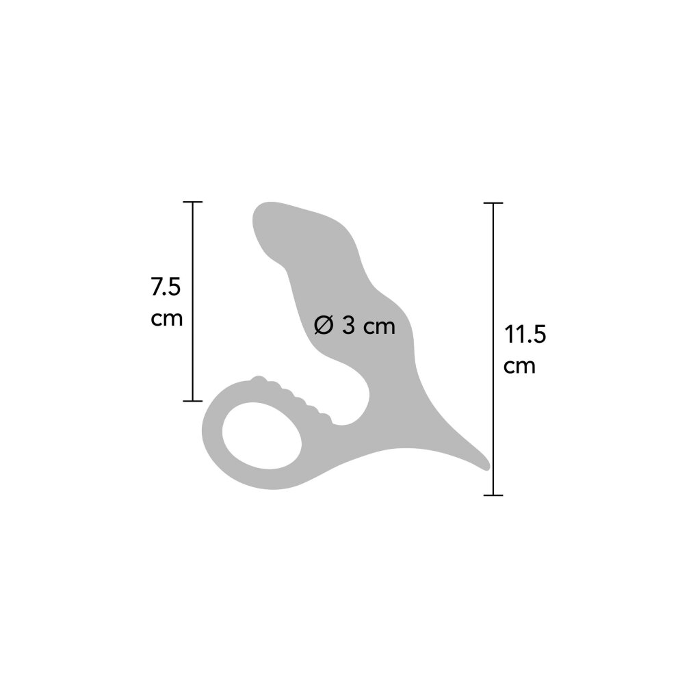 Graue Zeichnung eines Massagegeräts mit Maßen 7.5cm, 3cm Durchmesser und 11.5cm auf weißem Hintergrund.