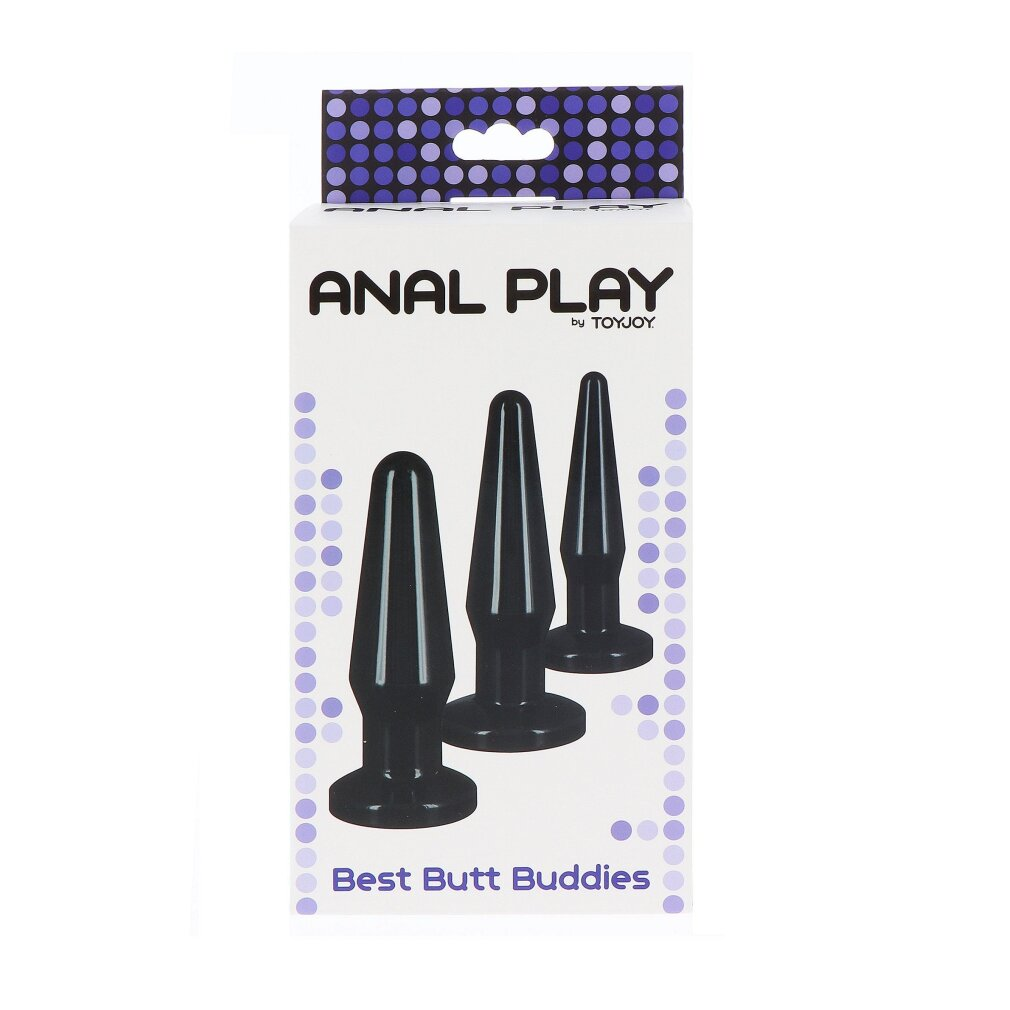 Produktverpackung für Anal Play Best Butt Buddies mit drei schwarzen Butt Plugs unterschiedlicher Größe.