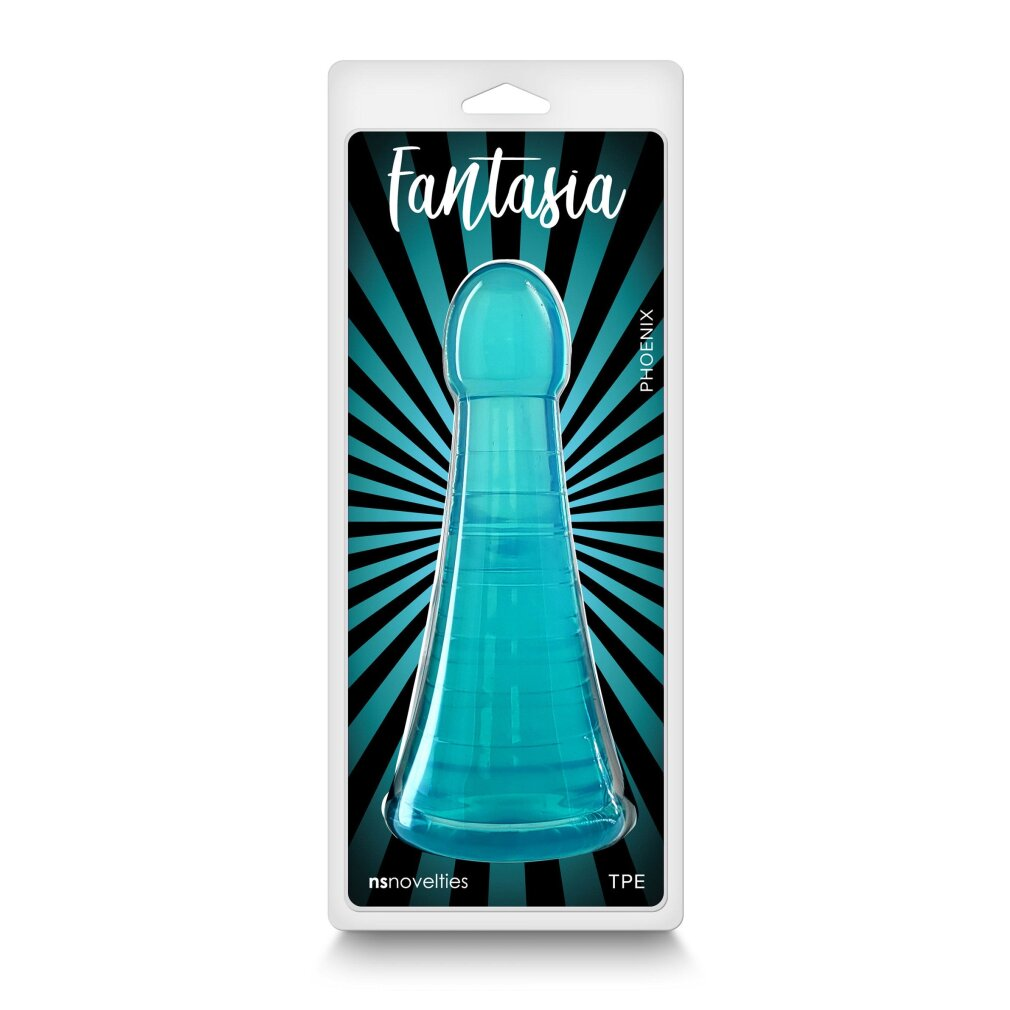 Blaue, konische TPE-Analperle in einer weißer Blisterverpackung mit Fantasia-Logo.