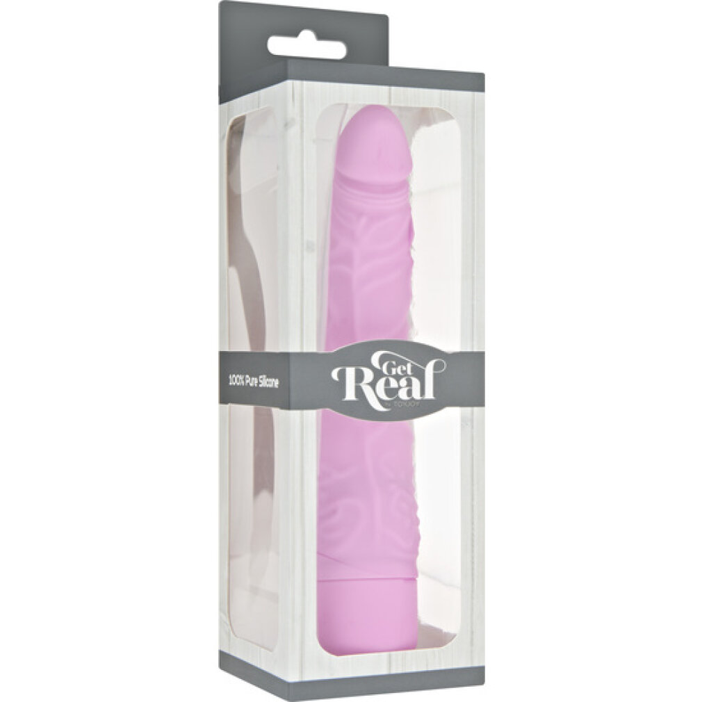 Ein rosafarbener Dildo in einer grauen und weißen Verpackung mit dem Schriftzug Get Real.
