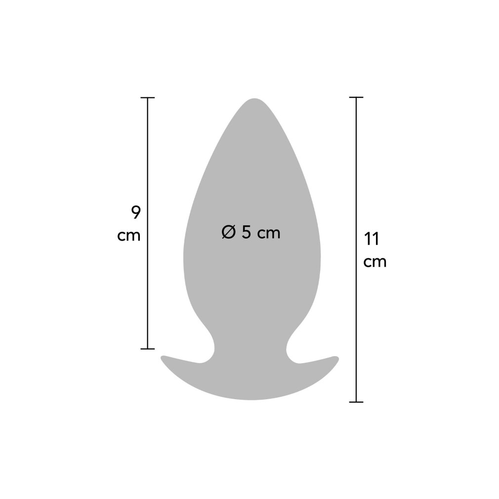 Graue Skizze eines Analplug-Symbols mit Maßangaben von 9cm und 11cm Höhe sowie 5cm Durchmesser.