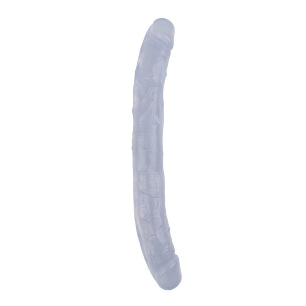 Ein transparentes, gebogenes Silikon-Sexspielzeug mit strukturierter Oberfläche vor weißem Hintergrund.