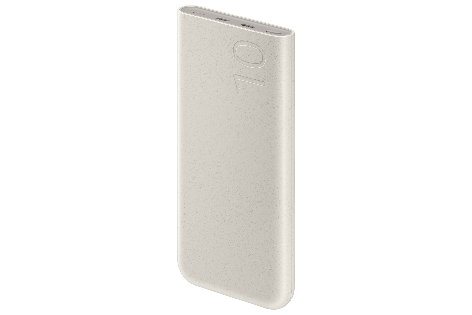 Un power bank beige con angoli arrotondati, porte superiori e il numero 10 in rilievo su sfondo nero.