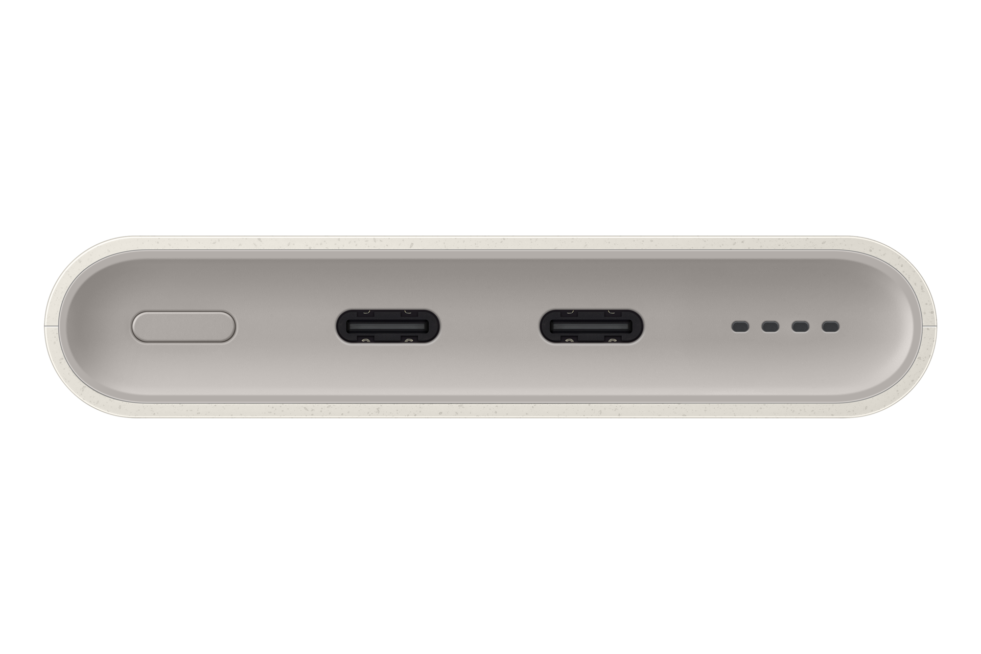 Pannello dispositivo beige con pulsante di accensione, due porte USB-C e quattro spie di stato su sfondo nero.
