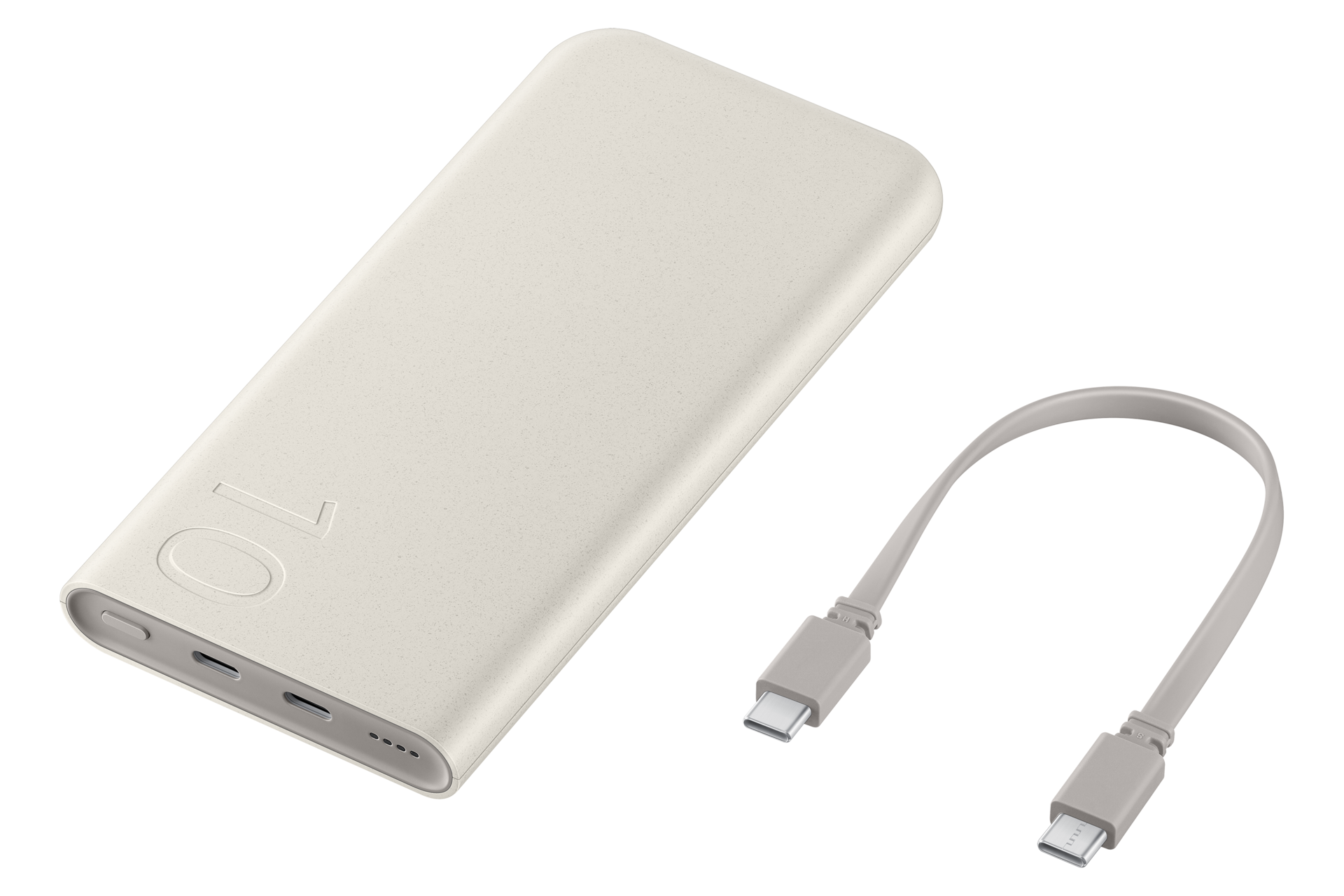 Un power bank beige con un simbolo 10 e un cavo USB-C abbinato su sfondo nero.