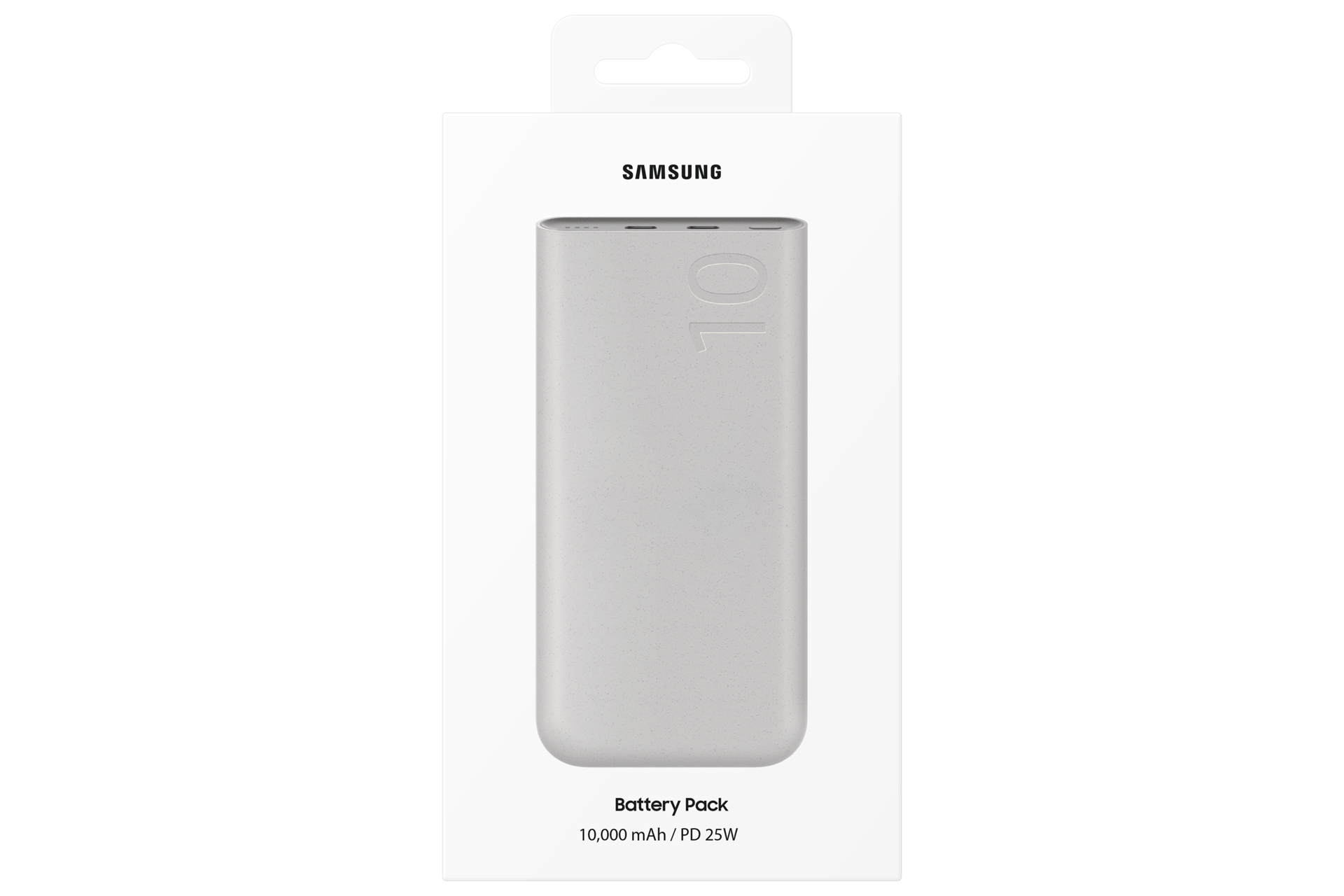 Power bank Samsung in confezione bianca, 10.000 mAh e PD 25W.
