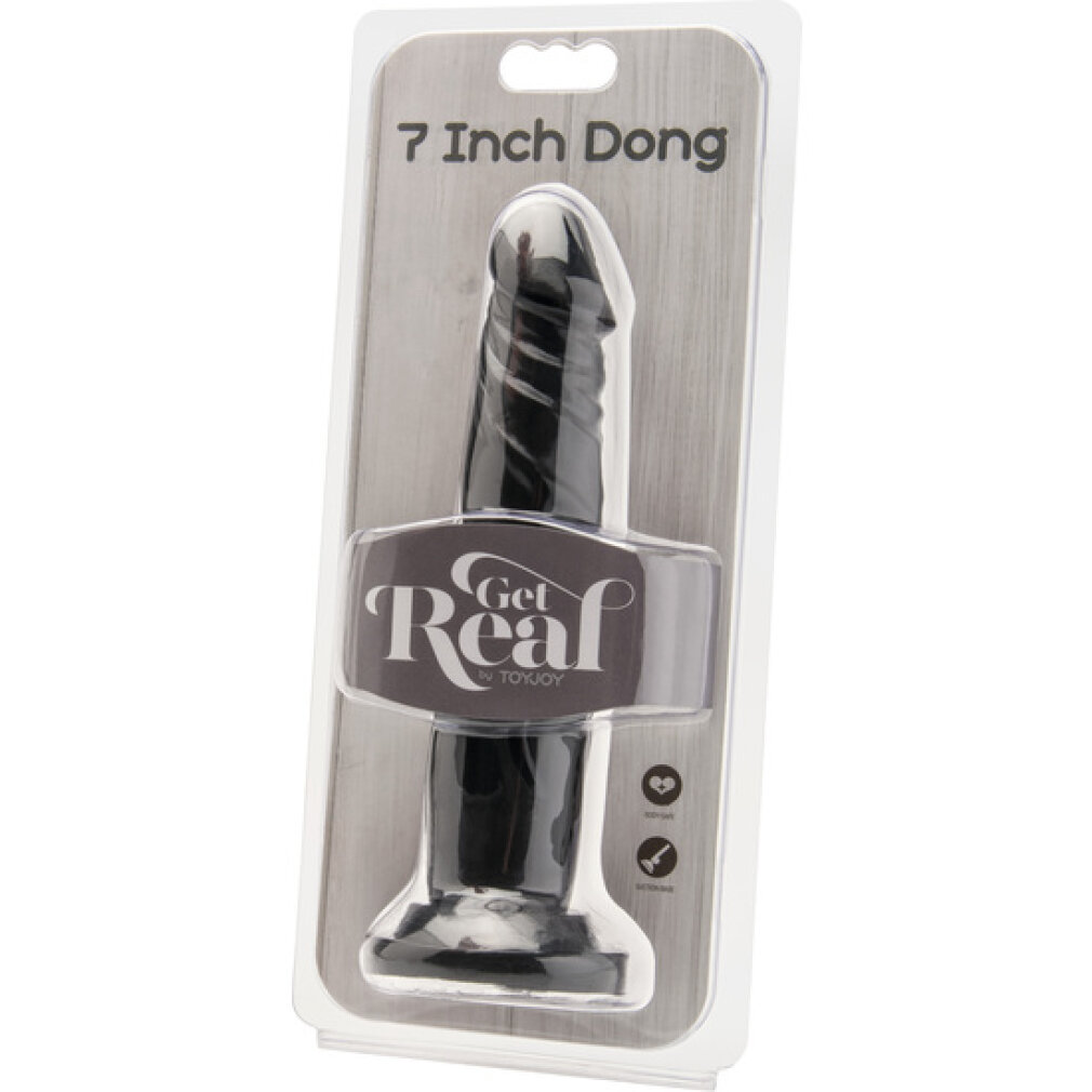 Verpackter schwarzer Dildo in einer transparenten Plastikhülle mit Aufschrift.