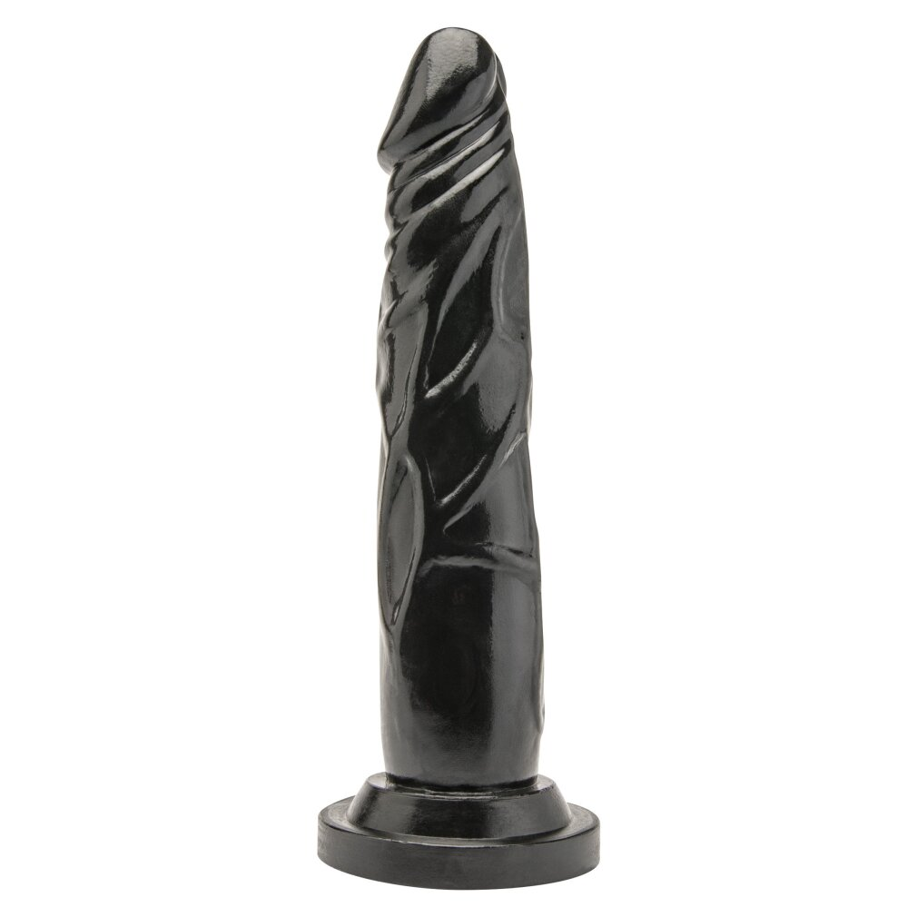 Ein realistischer, glänzender schwarzer Dildo mit einer strukturierten Oberfläche und einem runden Fuß auf weißem Hintergrund.