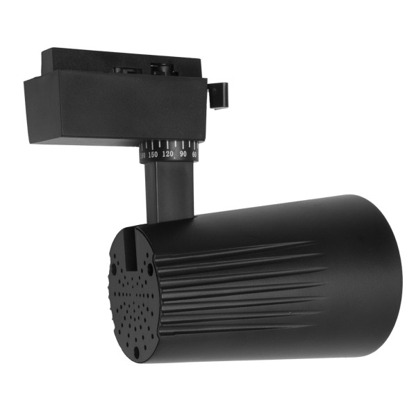 Un foco de carril negro con un foco cilíndrico y base ajustable sobre fondo liso.