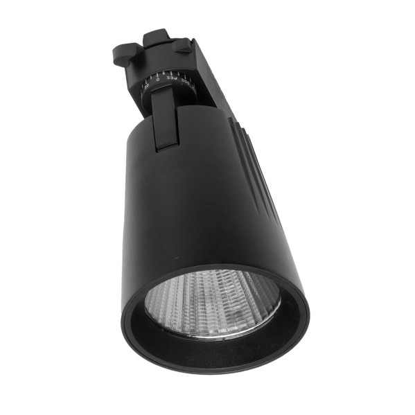 Foco LED negro con carcasa cilíndrica y adaptador de sistema de riel integrado sobre fondo blanco.