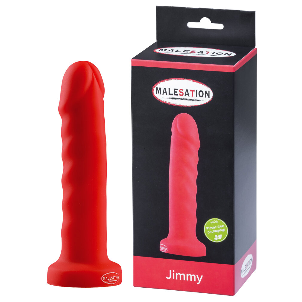 Ein roter Sexspielzeug-Dildo steht neben seiner schwarzen und roten Verpackung mit der Aufschrift Jimmy.