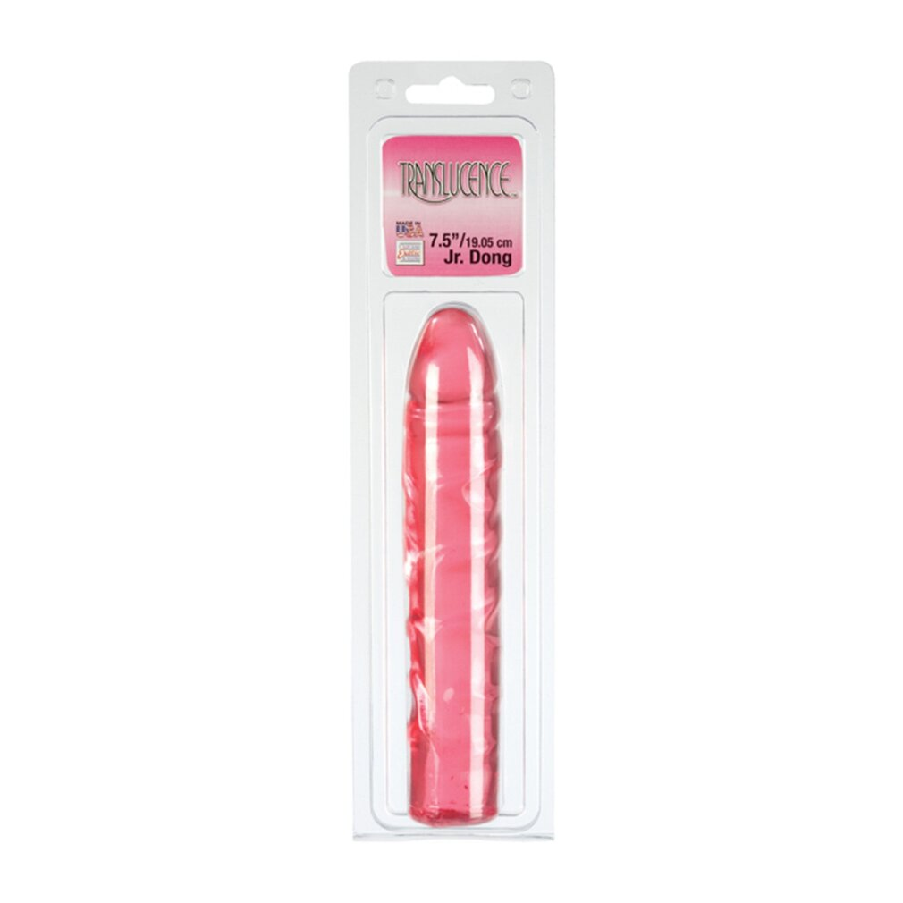 Ein rosafarbener, gerippter Translucence Jr. Dong in transparenter Blisterverpackung.