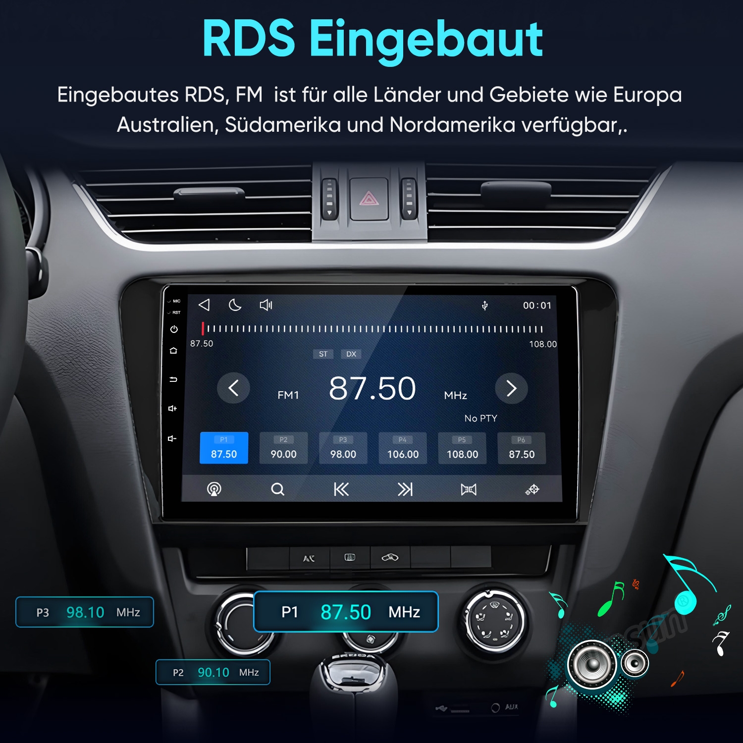 Autoradio mit eingebautem RDS und FM-Tuner in einem Auto-Armaturenbrett.