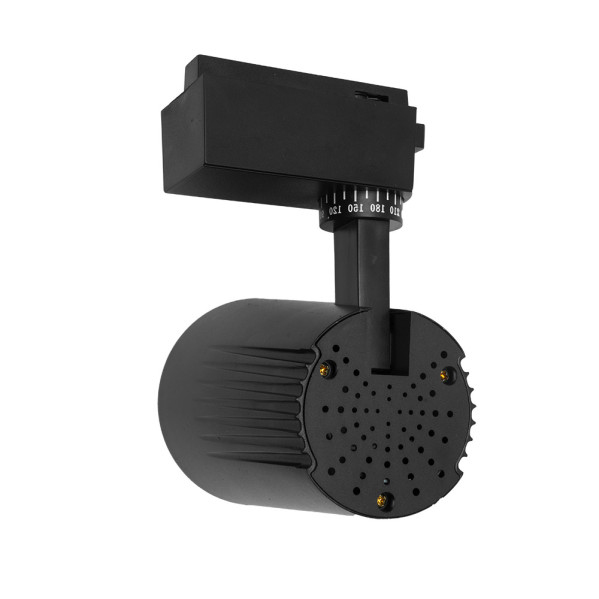 Foco LED negro para carril con cabezal cilíndrico y tornillos de latón sobre fondo blanco.