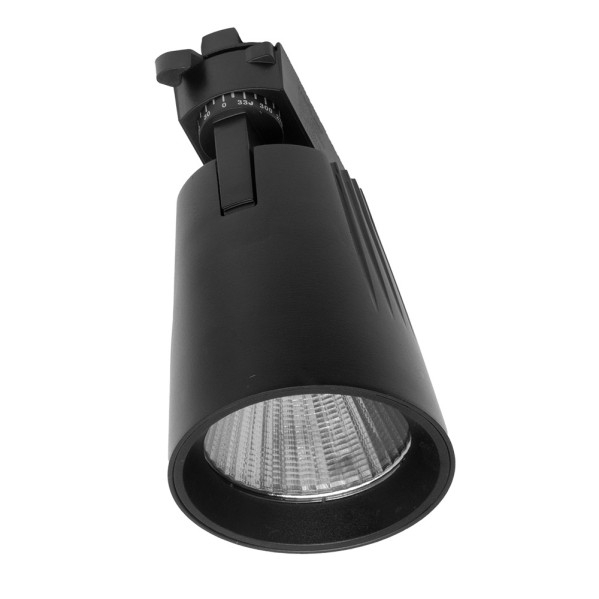 Una lámpara de foco LED negra con un reflector texturizado sobre fondo blanco.