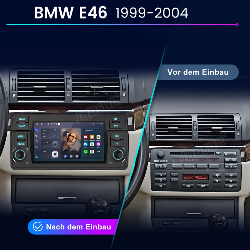 Vergleich BMW E46 Dashboard vor und nach dem Einbau eines Touchscreen-Autoradios.