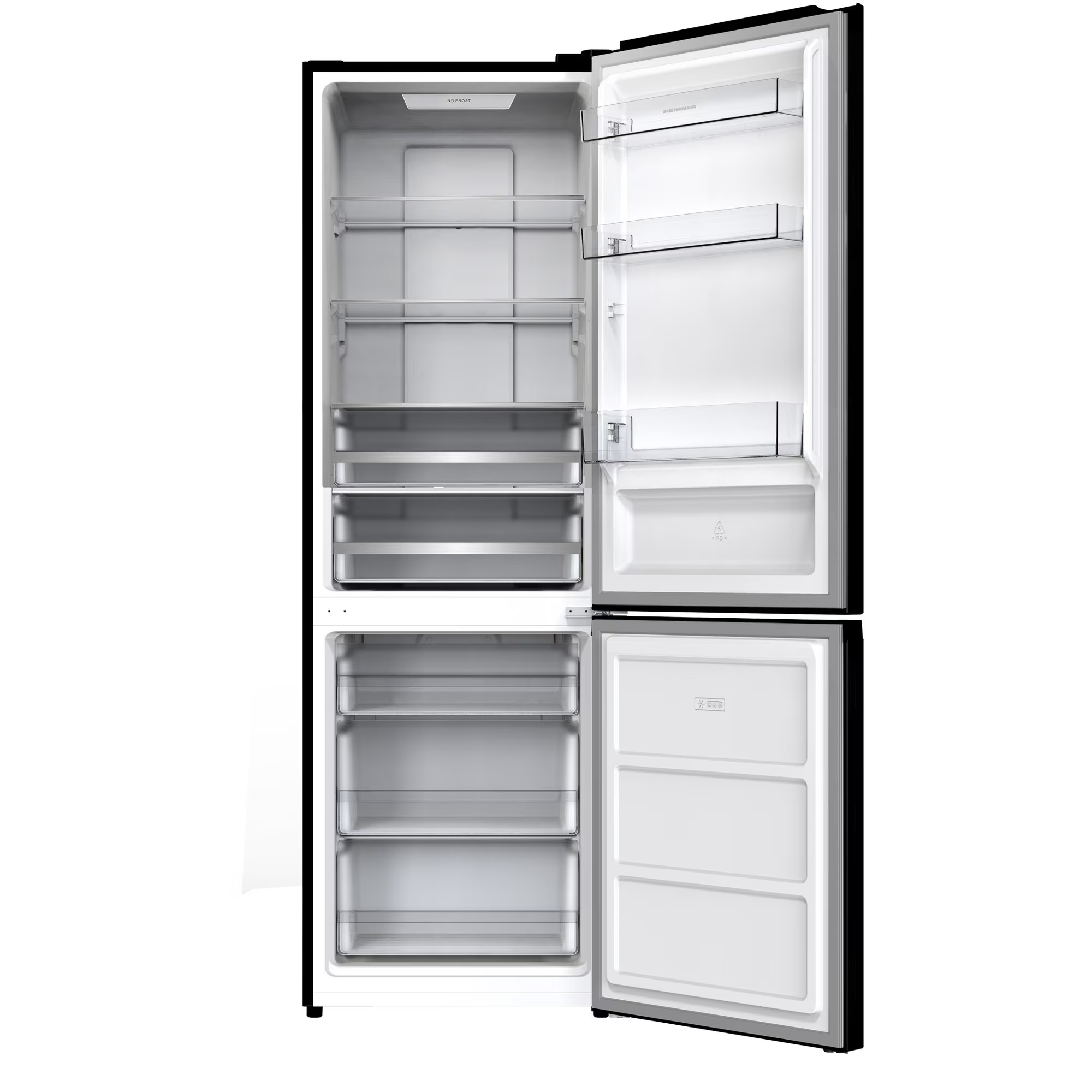 An open, empty black and white refrigerator with multiple shelves and compartments.
