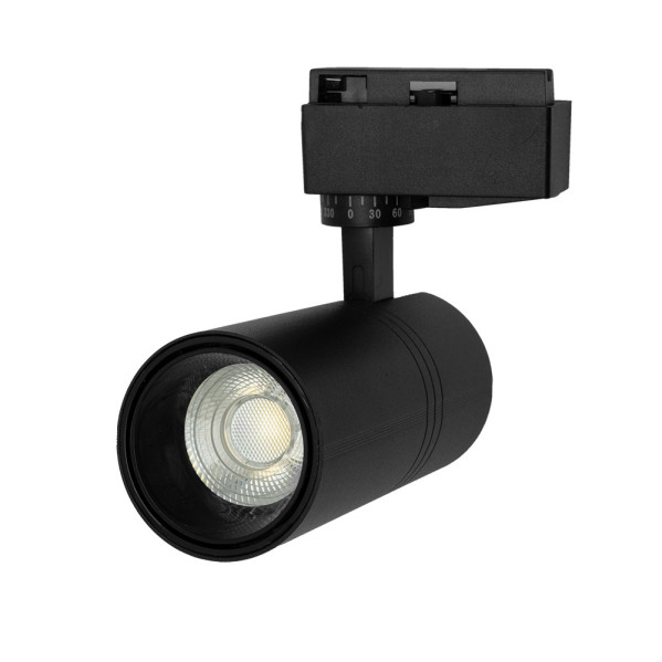 Foco de carril negro con luz cilíndrica y soporte ajustable.