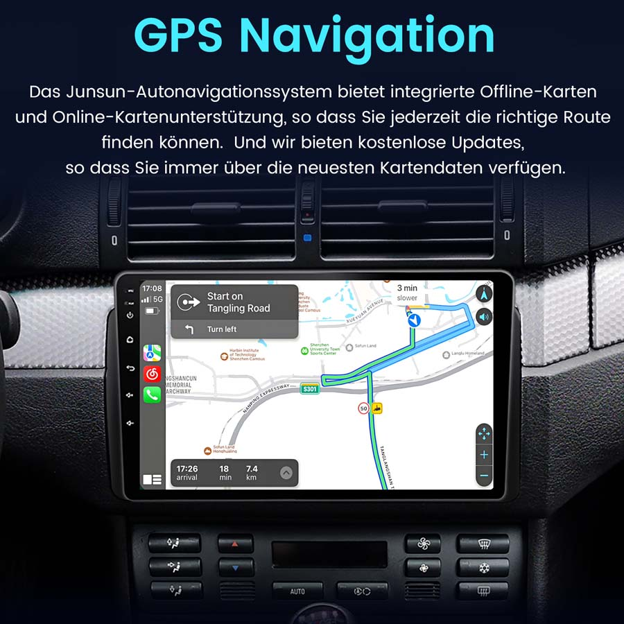 Ein Auto-GPS-Navigationssystem mit einer angezeigten Karte auf dem Display und deutschem Text darüber.