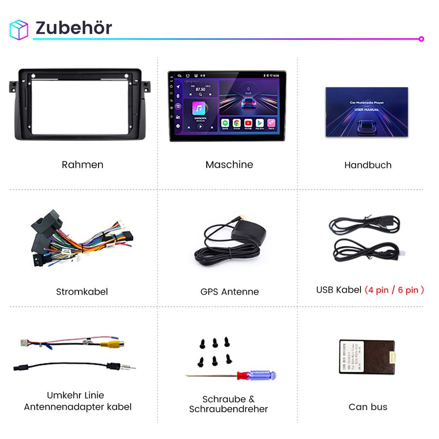 Diagramm zeigt Autozubehör wie Rahmen, Bildschirm, Handbuch, Kabel, GPS-Antenne, Schrauben und Can Bus.