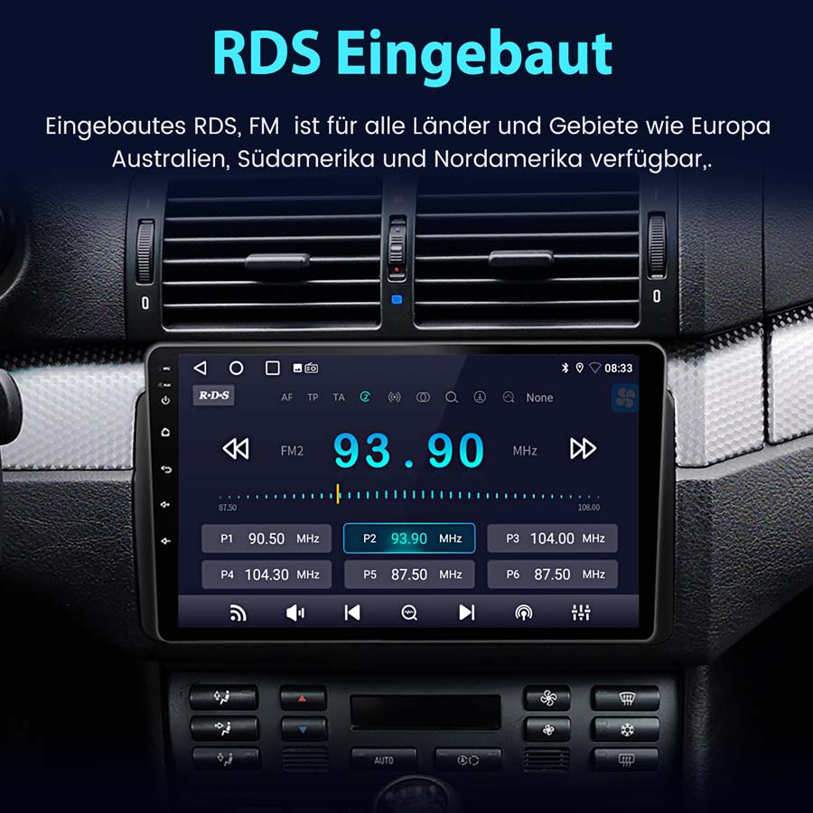 Ein Auto-Radiobildschirm zeigt RDS-FM-Frequenzen, umgeben von Lüftungsschlitzen und Tasten.