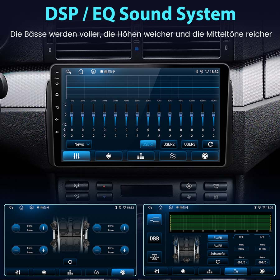 Ein Autoradio-Display zeigt eine Equalizer-Oberfläche mit Audioeinstellungen im Armaturenbrett.