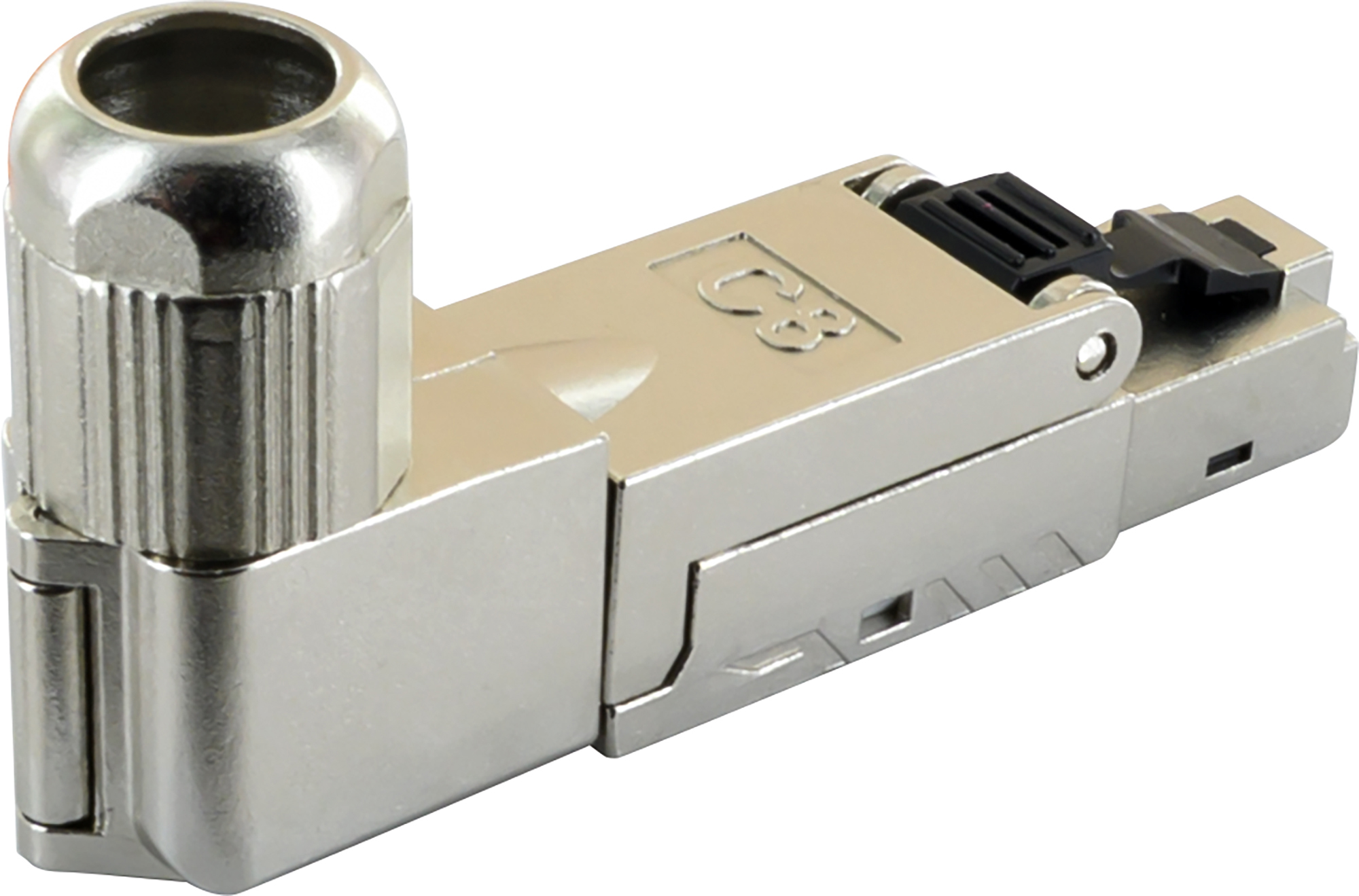 Ein silberner RJ45-Stecker mit Metallgehäuse und Kabelverschraubung.