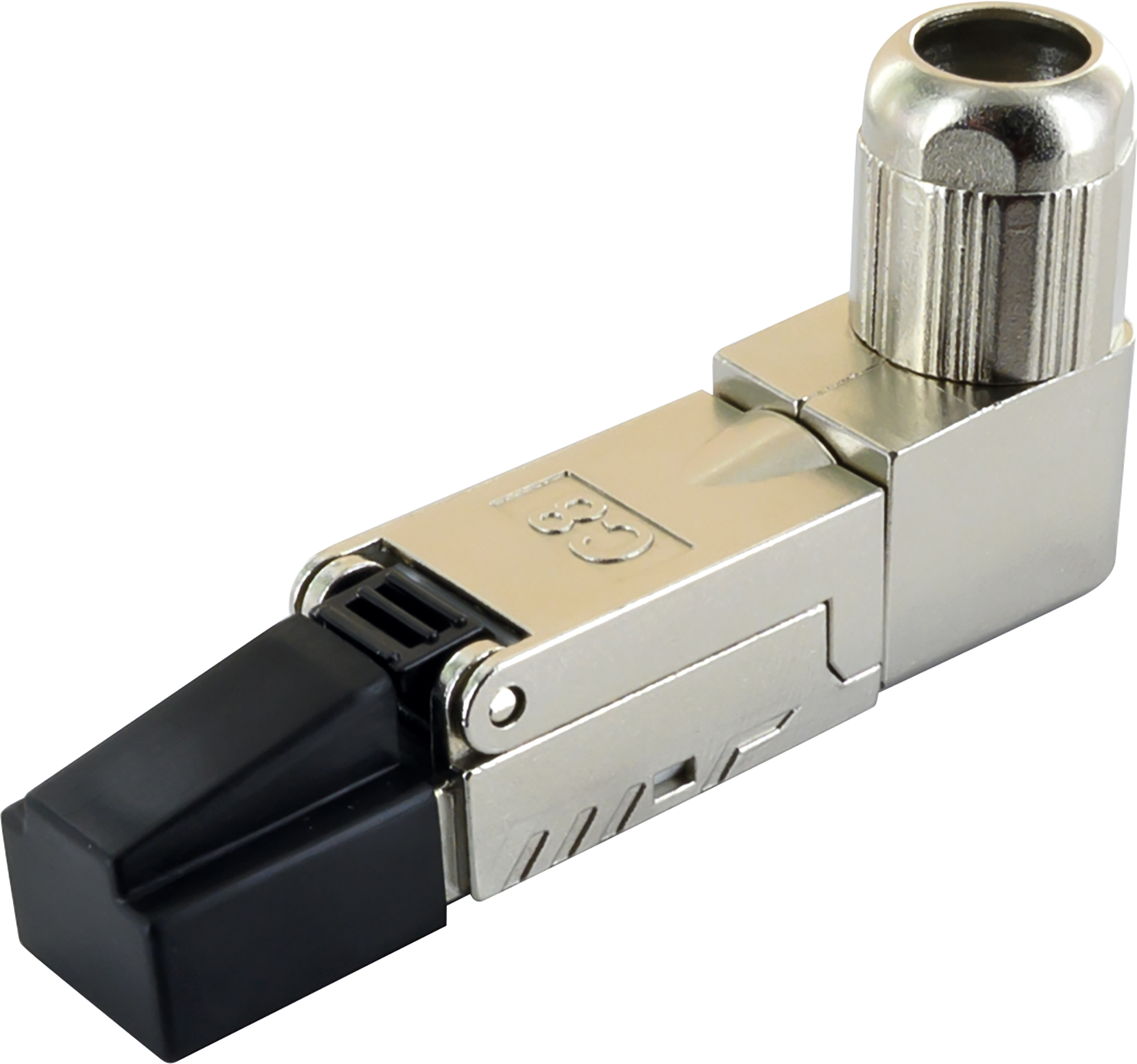Metallischer, rechtwinkliger Industrie-Ethernet-Stecker mit schwarzer Schutzkappe gegen weißem Hintergrund.