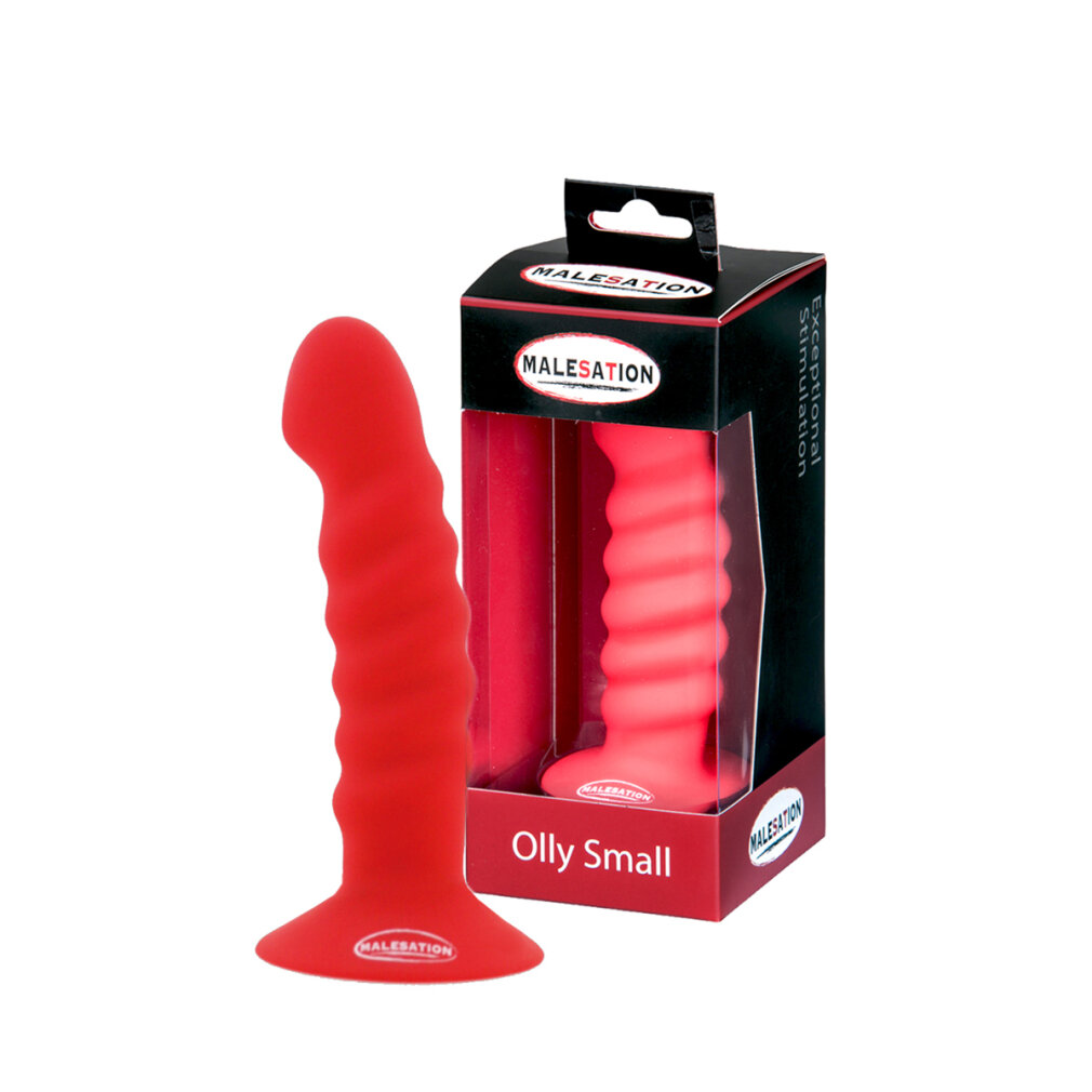 Ein roter, wellenförmiger Silikon-Dildo mit Saugnapf steht neben seiner schwarz-roten Verpackung.
