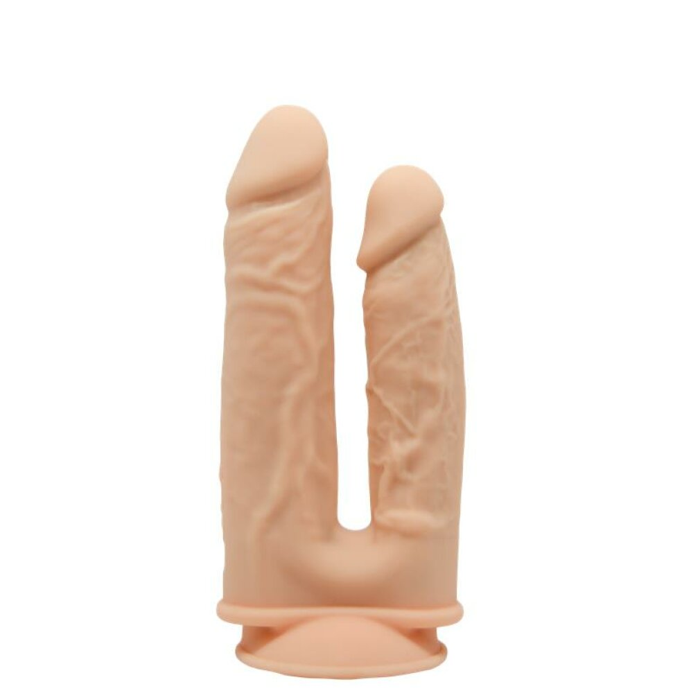 Pfirsichfarbenes Silikon-Doppelschaft-Dildo-Spielzeug mit realistischer Textur und Saufuß auf weißem Hintergrund.