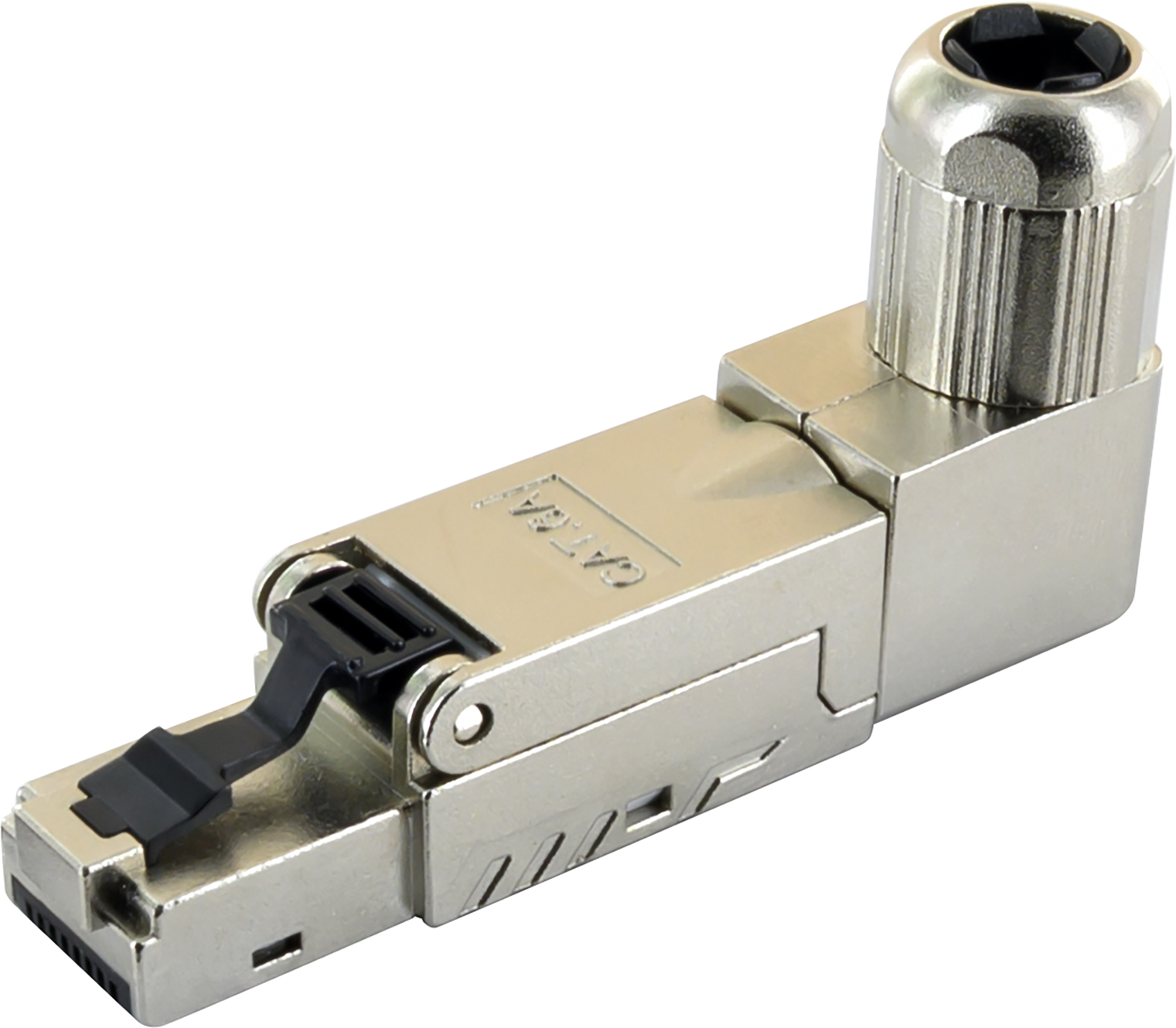 Ein silberner Metall-RJ45-Netzwerkstecker mit schwarzem Clip und Verschraubung.