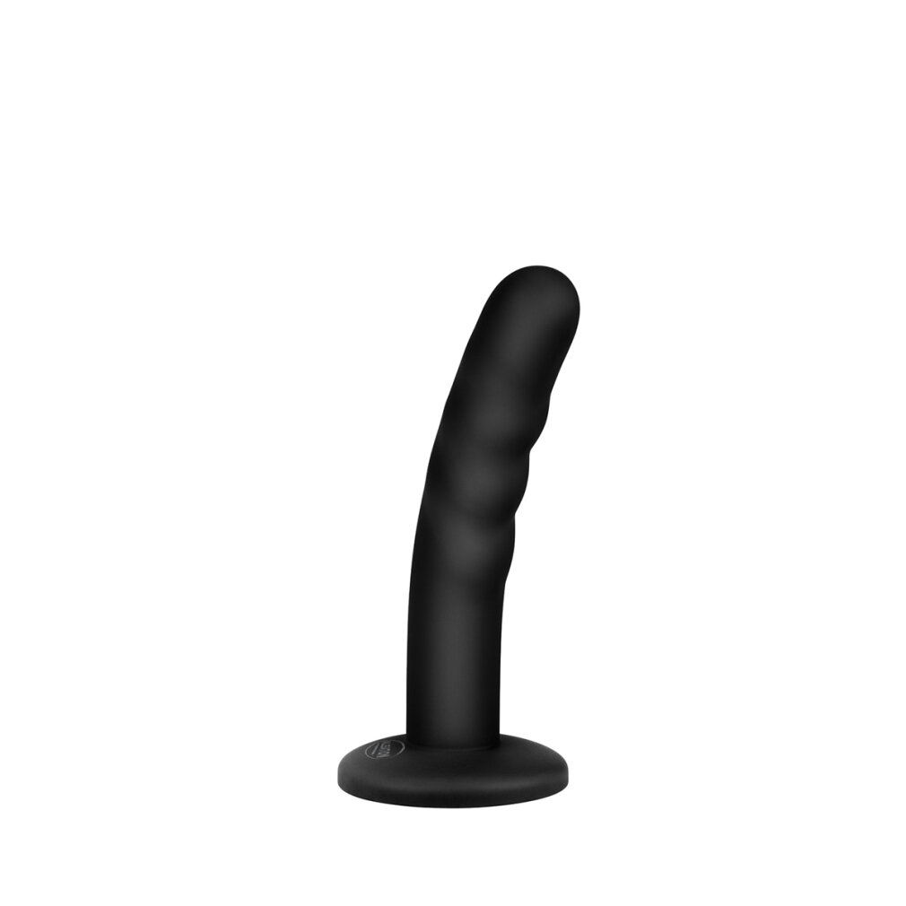 Ein schwarzes, gewölbtes Wellness-Spielzeug mit einem runden Sockel auf weißem Hintergrund.