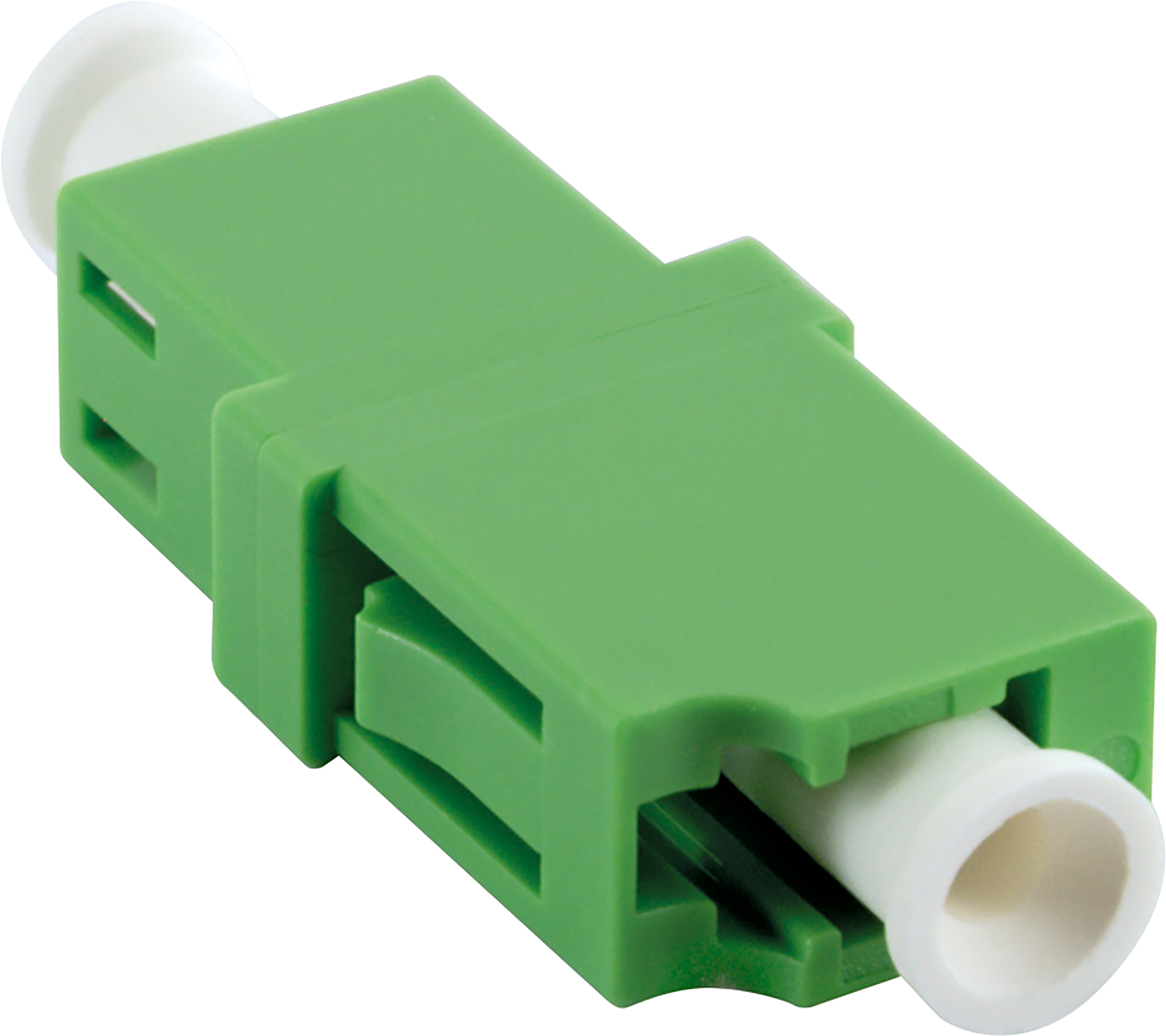 Grüner Glasfaser-Adapter mit weißen Schutz-Kappen an beiden Enden.