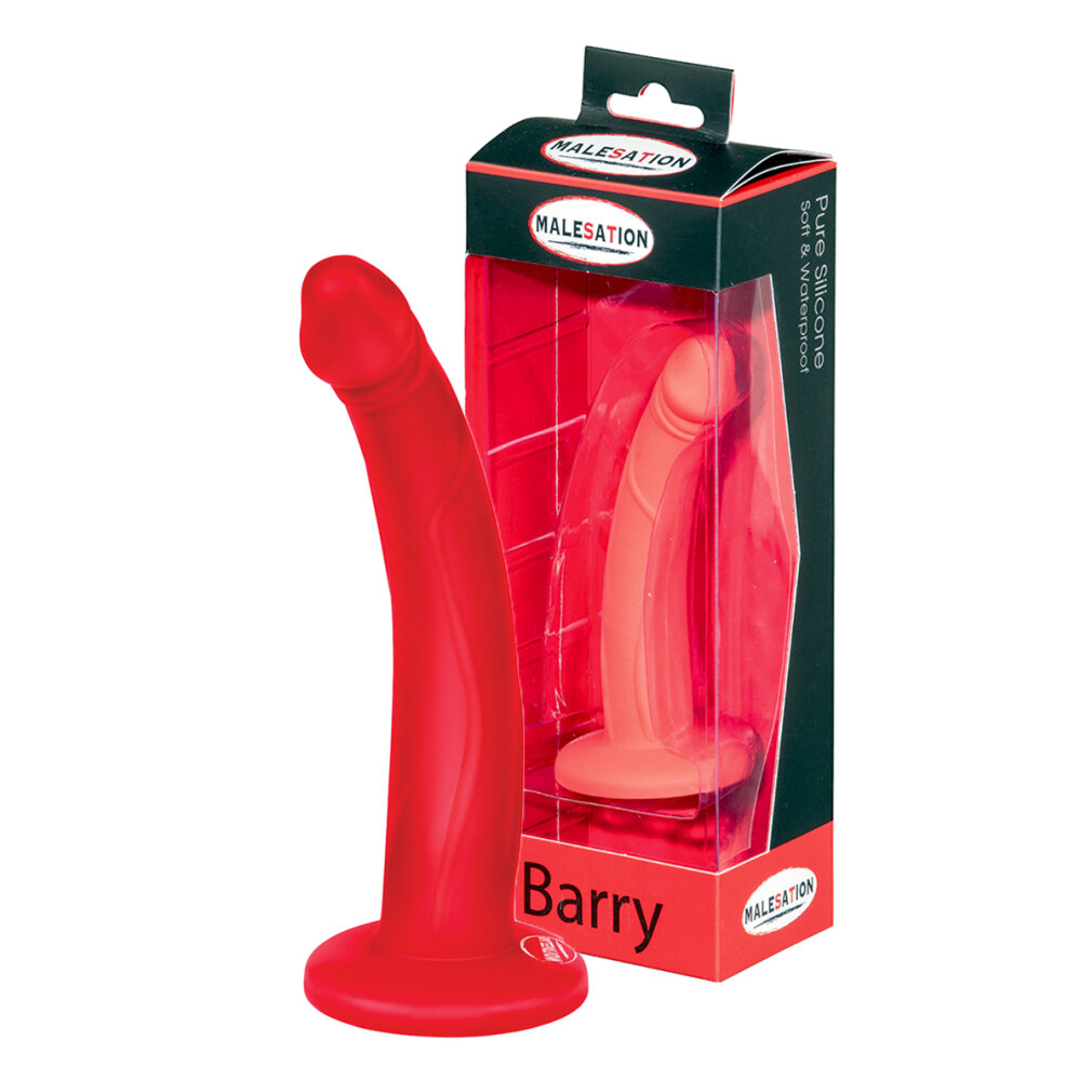 Ein rotes Silikon-Sexspielzeug mit Saugnapf steht vor seiner schwarz-roten Verpackung mit der Aufschrift Barry.
